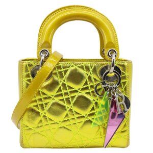 Christian Dior  Lady Dior Mini Metallic Leather Shoulder Bag Neon Yellow